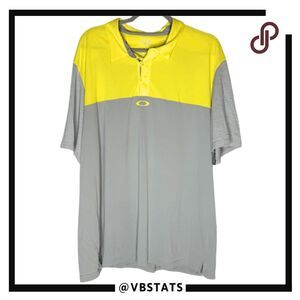 Oakley Mens Colorblock Striped Short Sleeve Golf Polo Shirt Gray Yellow Size 2XL